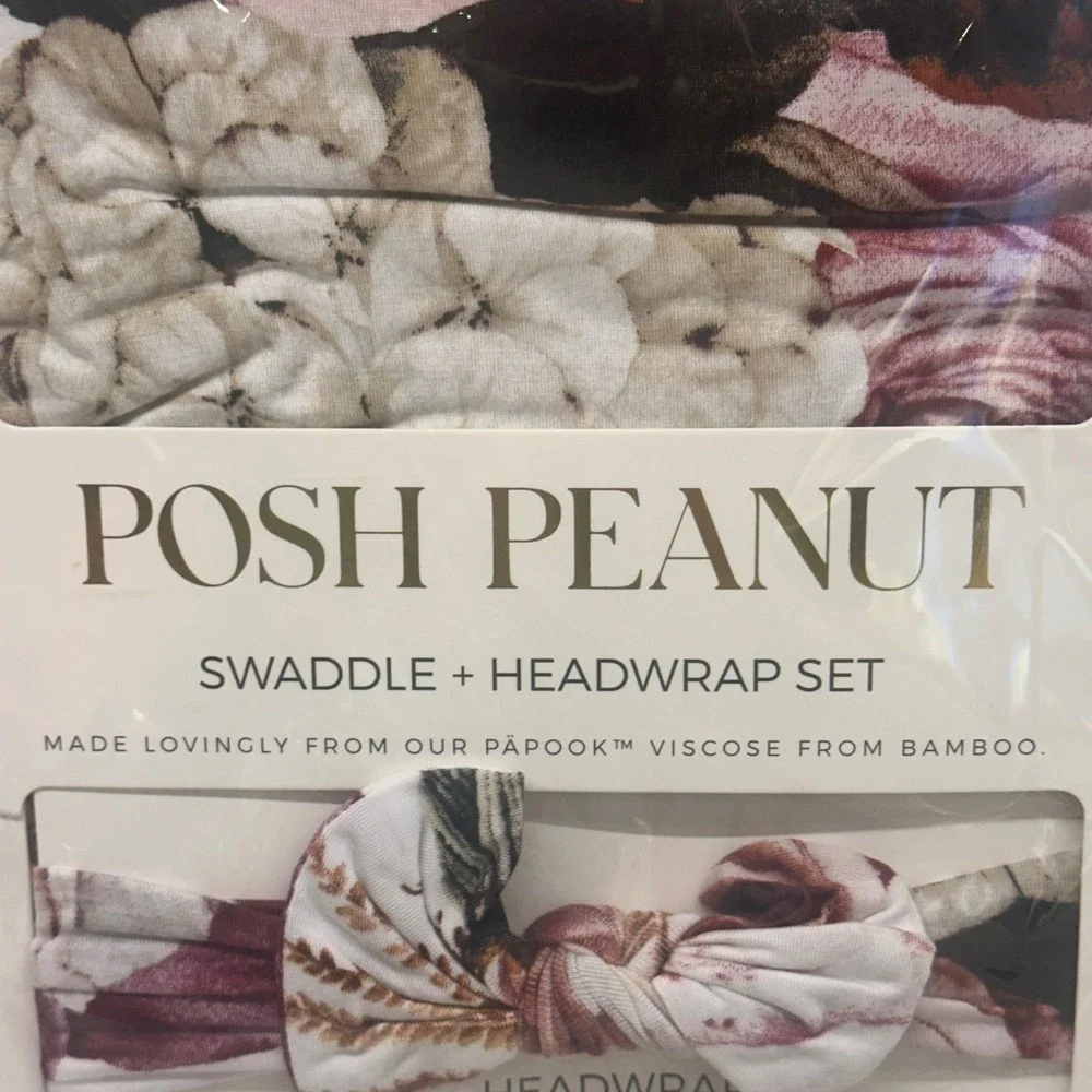 Posh Peanut Black Rose Swaddle and Headwrap Set Infant‎ Viscose Bamboo New